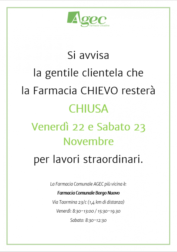 Chiusura straordinaria Farmacia Cittadina Chievo